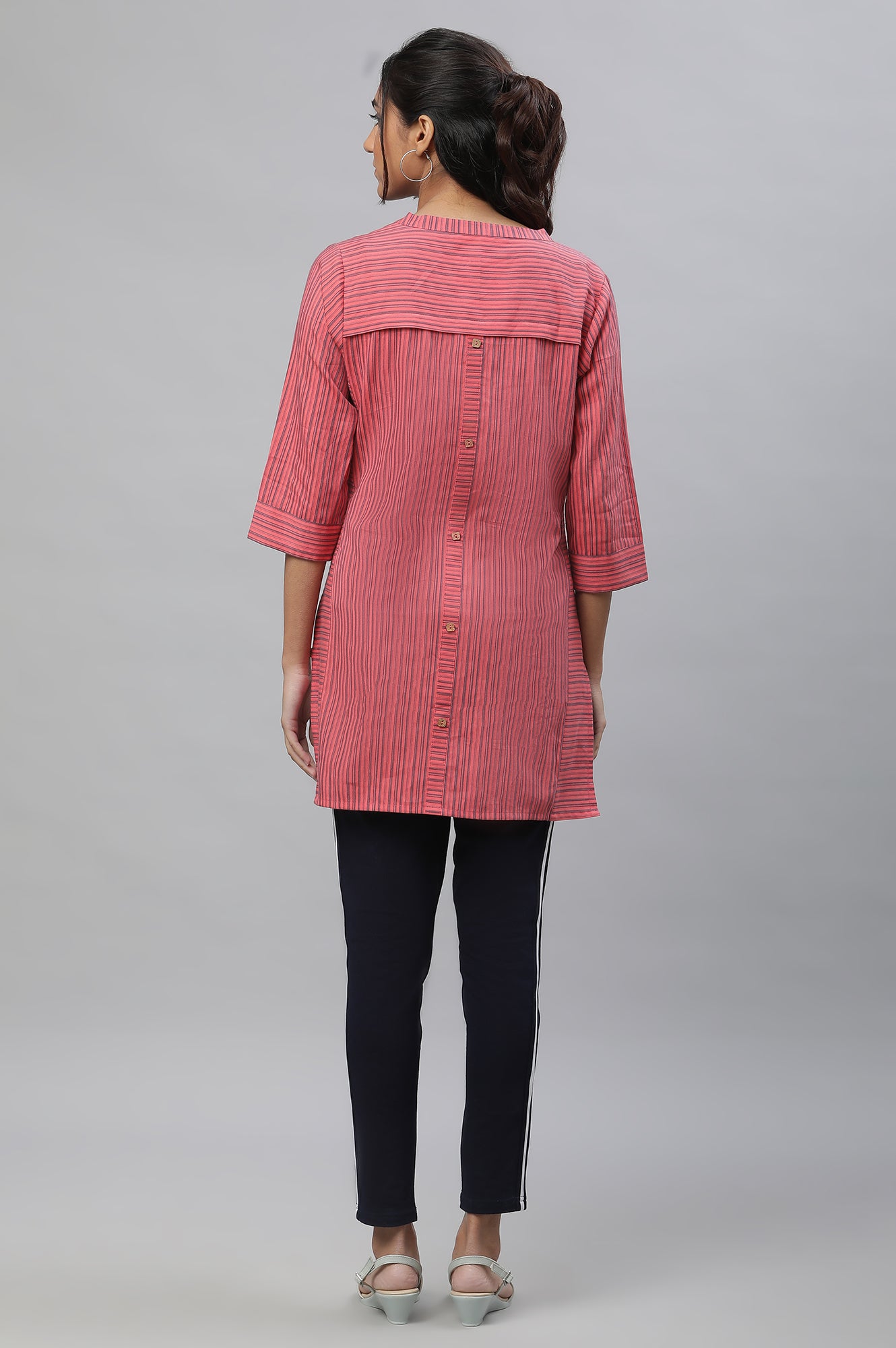 Pink V-neck Short Kurti with Blue Stripes