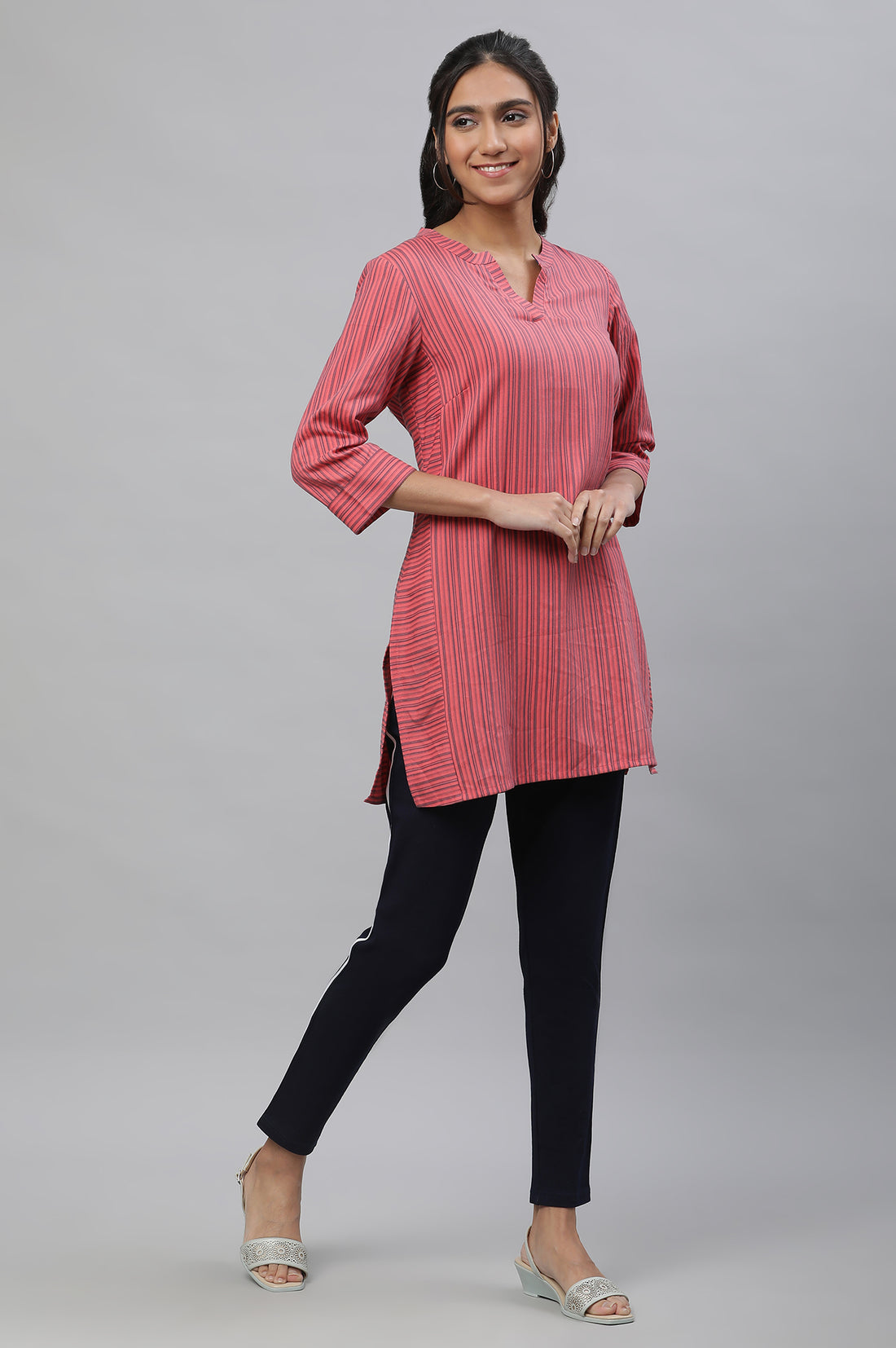 Pink V-Neck Short Rayon Kurti with Blue Stripes