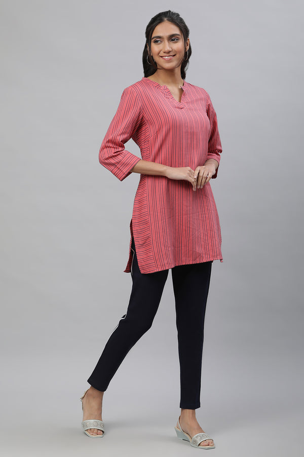Pink V-Neck Short Rayon Kurti with Blue Stripes
