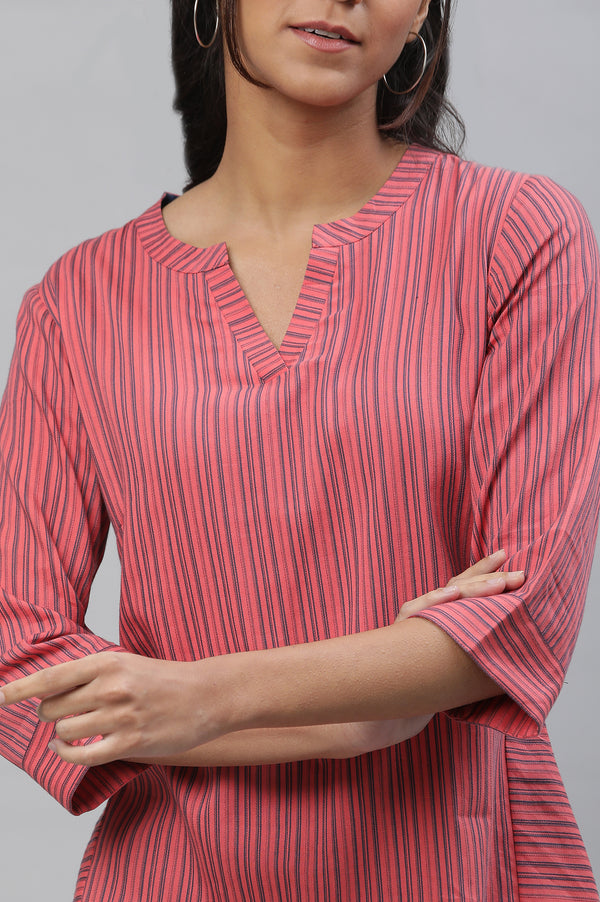 Pink V-Neck Short Rayon Kurti with Blue Stripes