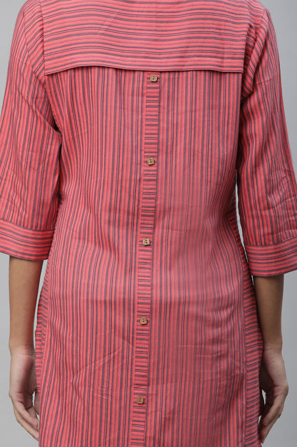 Pink V-neck Short Kurti with Blue Stripes