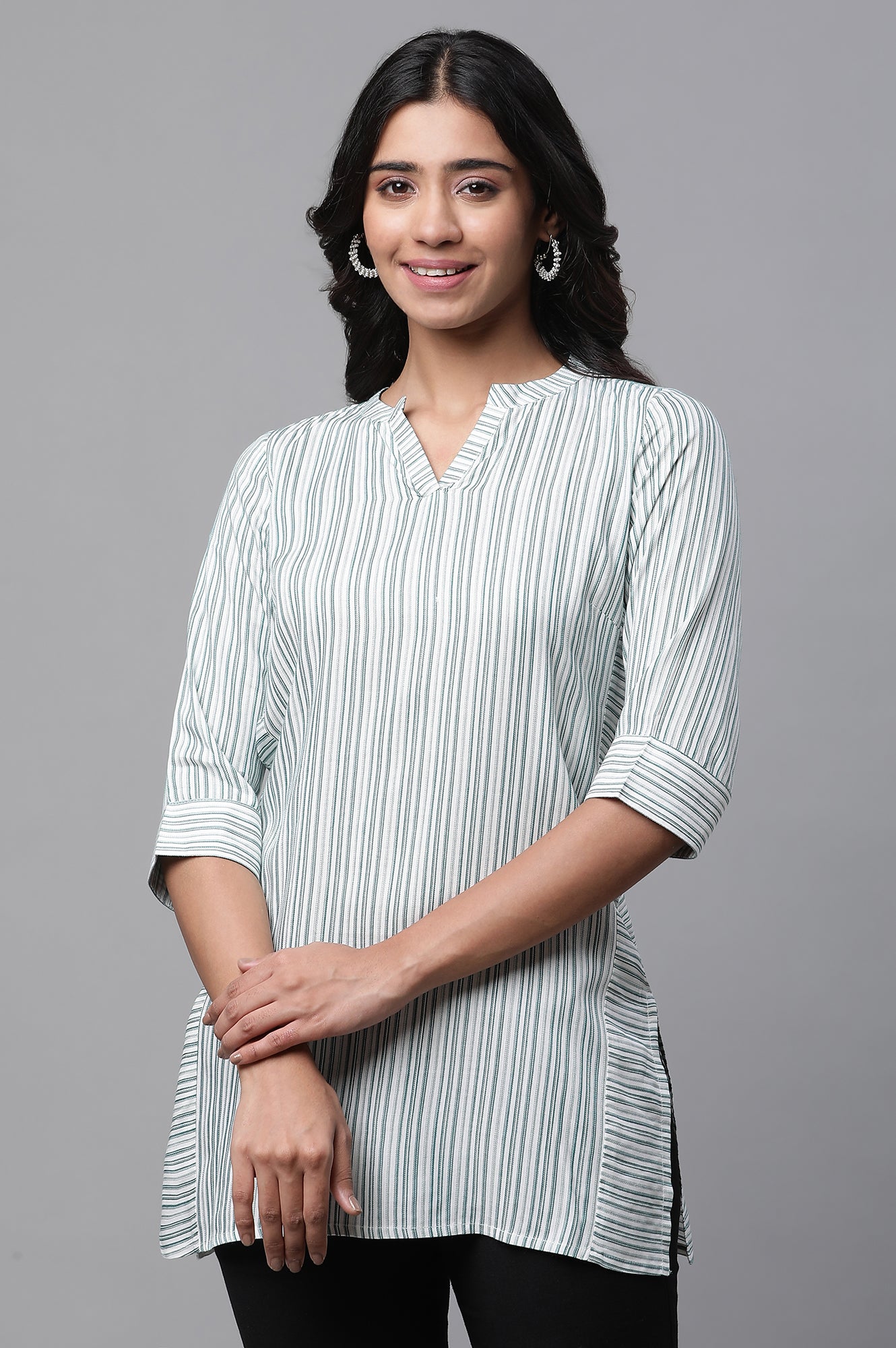 White V-neck Short Kurti with Blue Stripes