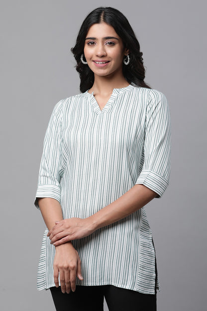 White V-neck Short Kurti with Blue Stripes