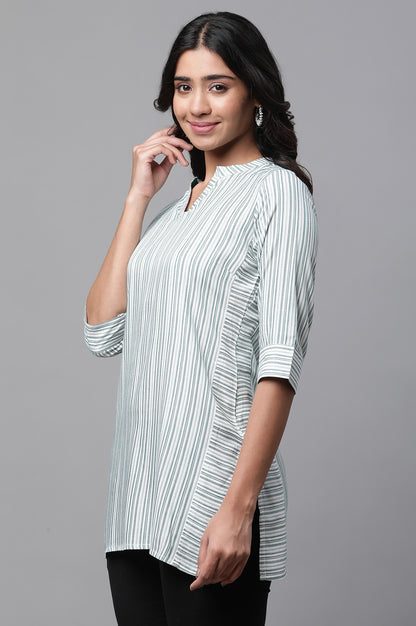 White V-neck Short Kurti with Blue Stripes