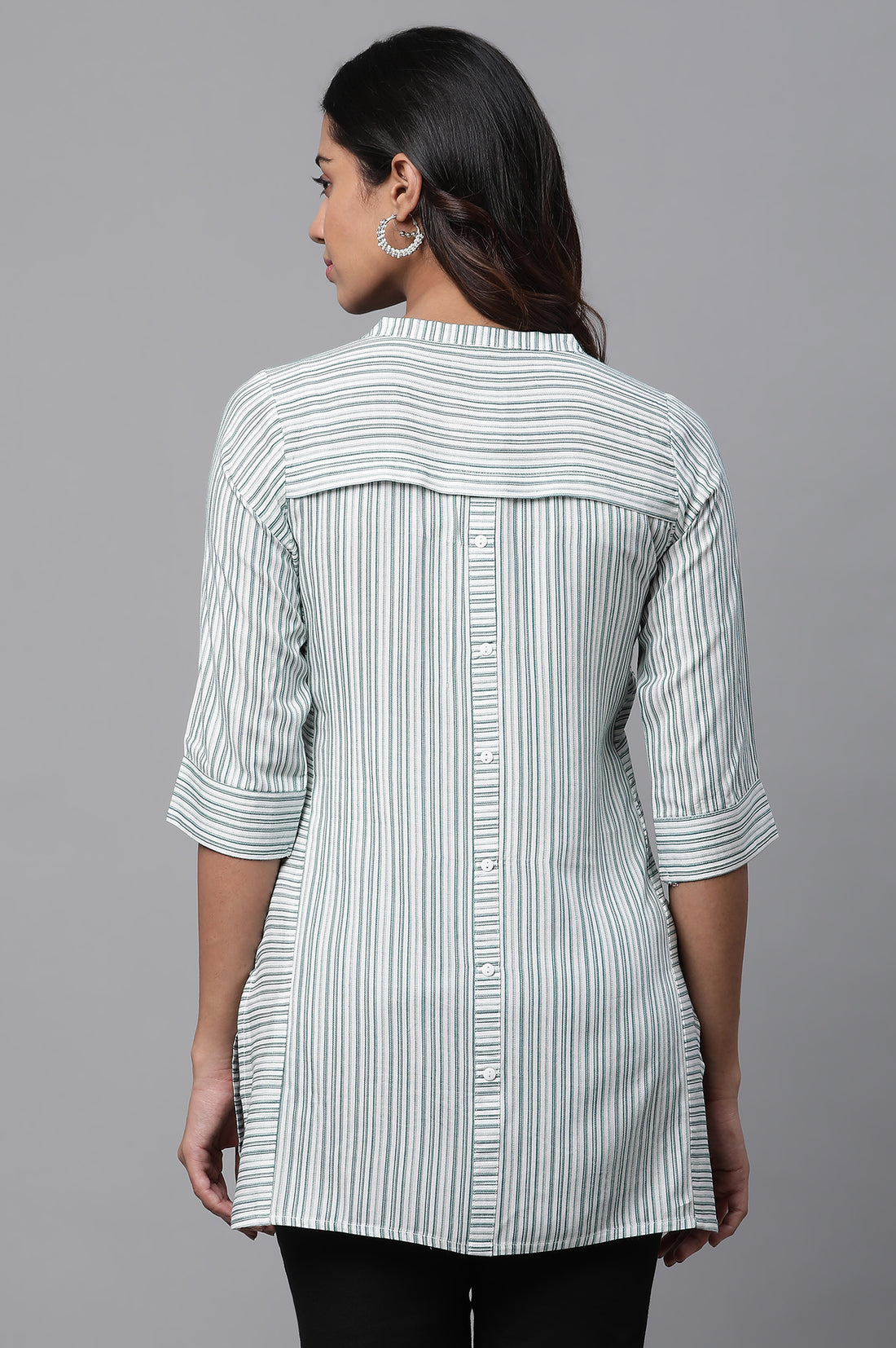 White V-Neck Short Rayon Kurti with Blue Stripes