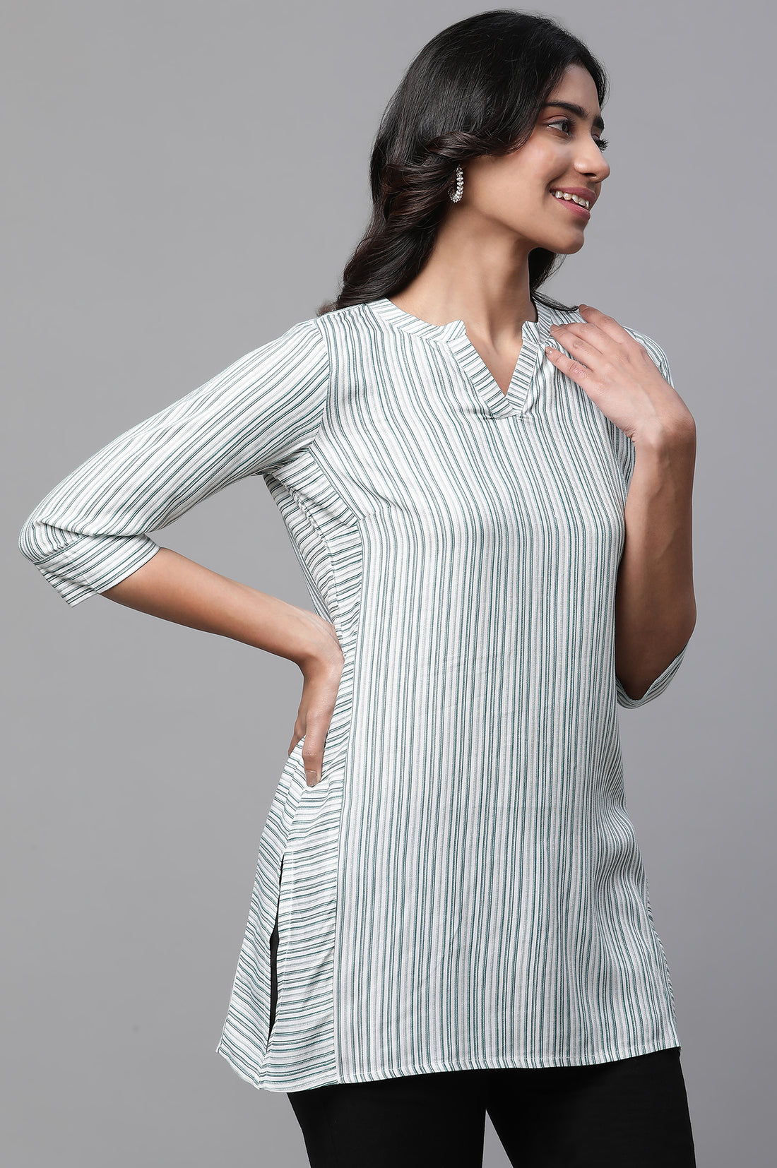 White V-Neck Short Rayon Kurti with Blue Stripes