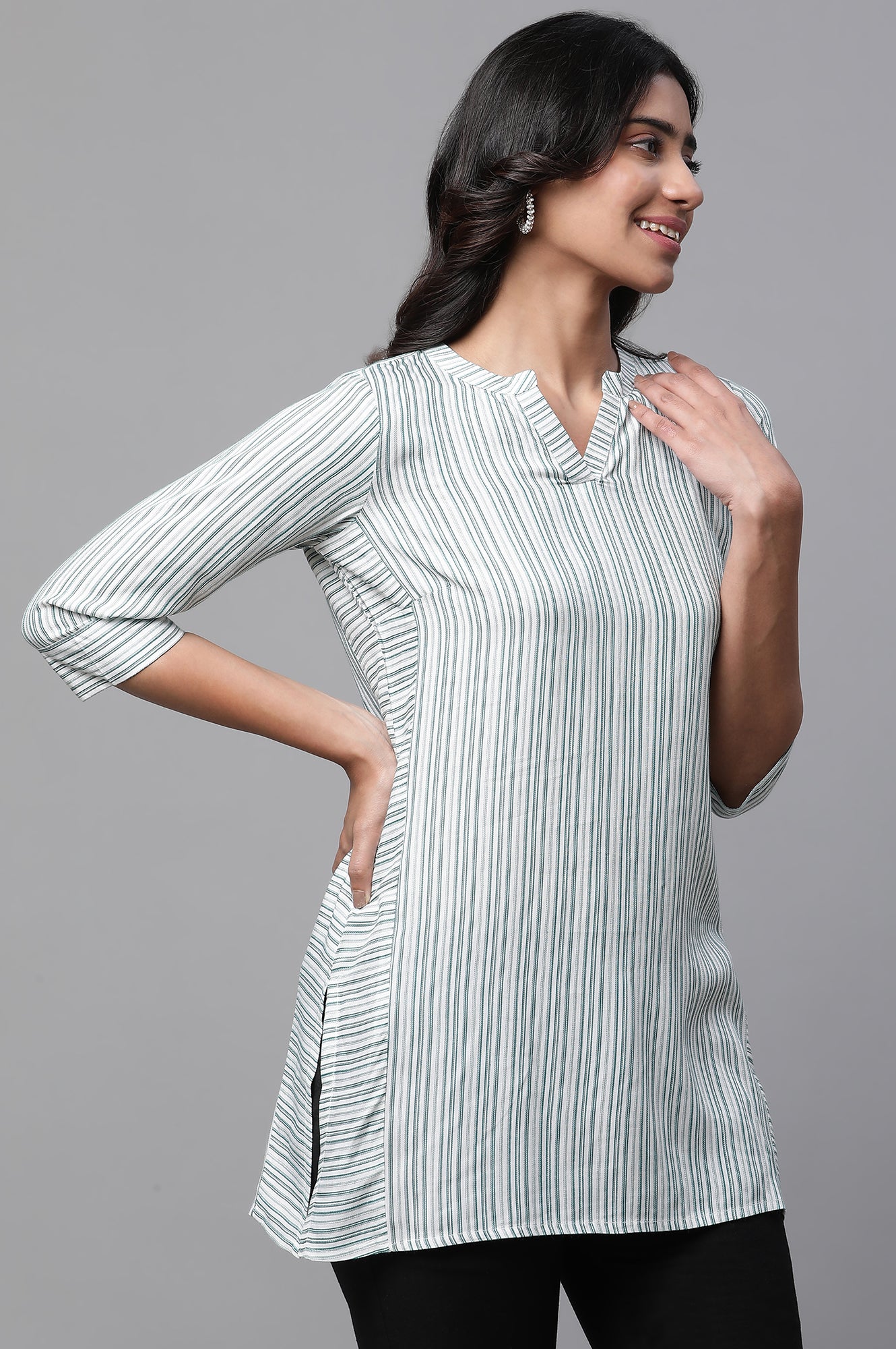 White V-neck Short Kurti with Blue Stripes