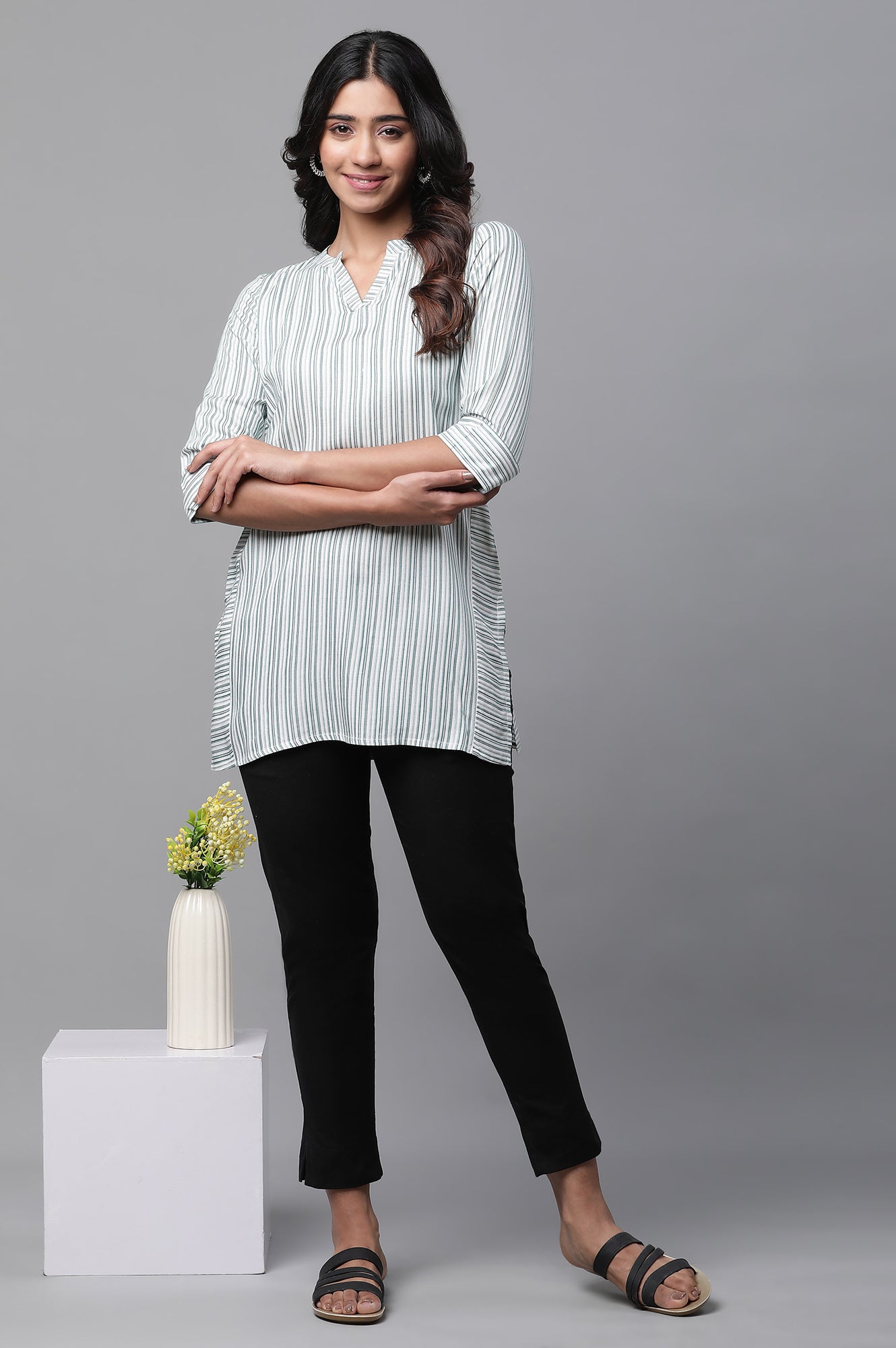 White V-neck Short Kurti with Blue Stripes