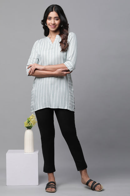 White V-neck Short Kurti with Blue Stripes