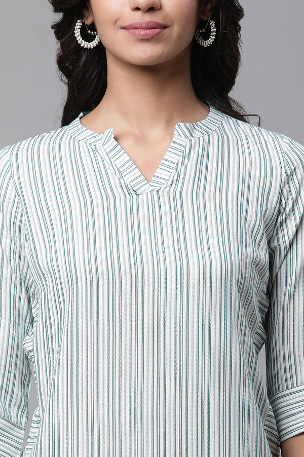 White V-Neck Short Rayon Kurti with Blue Stripes