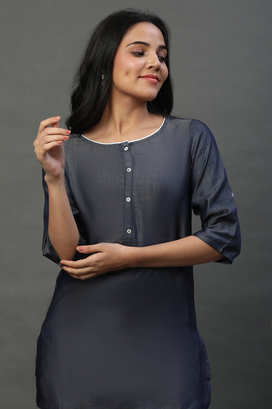 Blue Cotton Denim Western Kurti