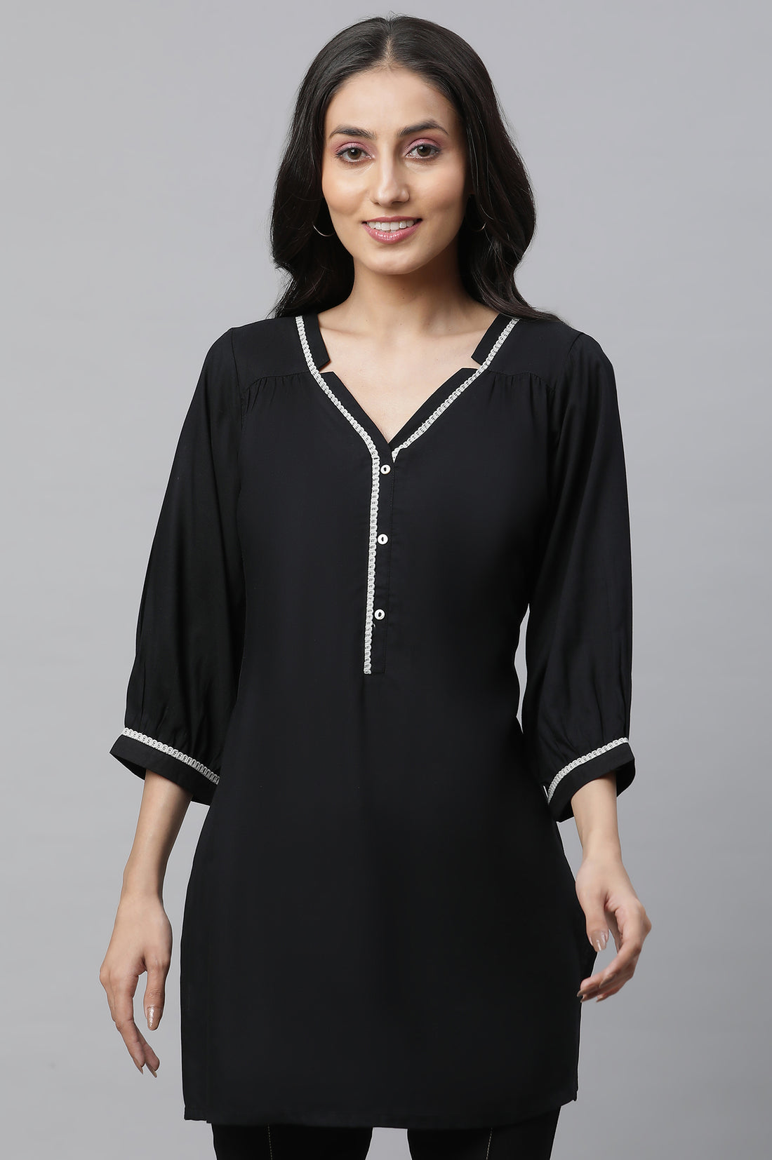 Black Solid Three-Quarter Sleeves V-Neck Rayon Kurti with Lace