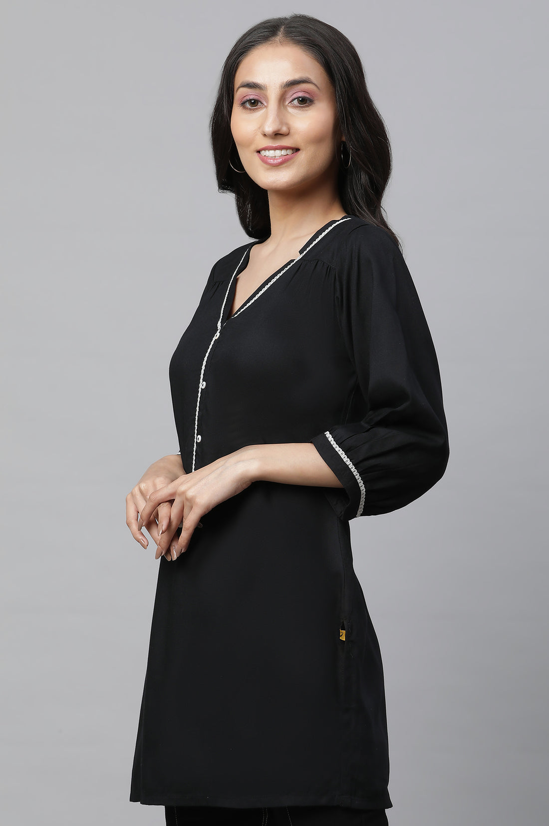 Black Solid Three-Quarter Sleeves V-Neck Rayon Kurti with Lace