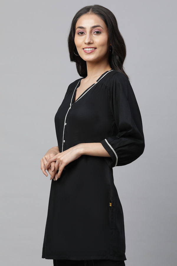 Black Solid Three-Quarter Sleeves V-Neck Rayon Kurti with Lace