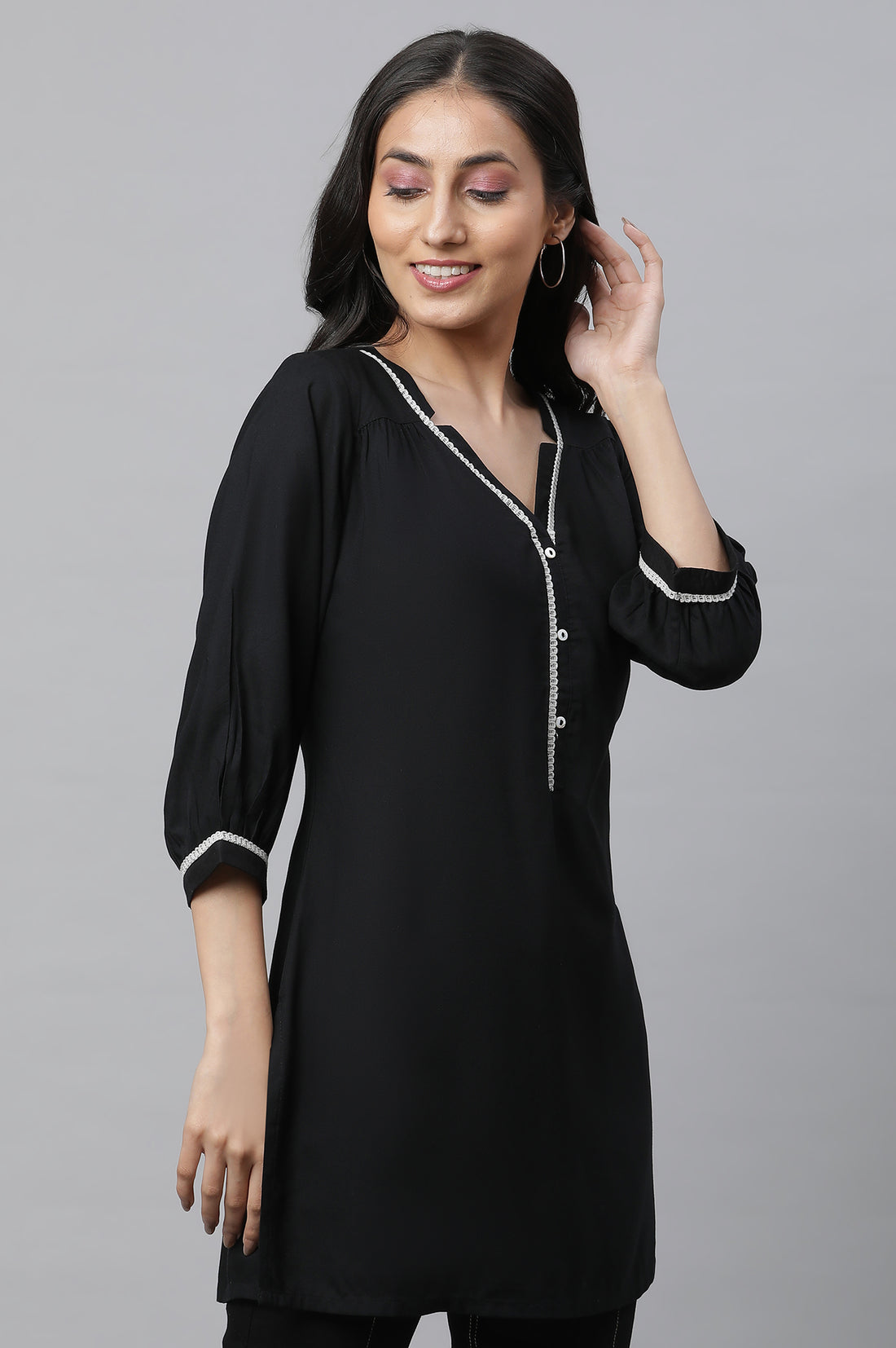Black Solid Three-Quarter Sleeves V-Neck Rayon Kurti with Lace