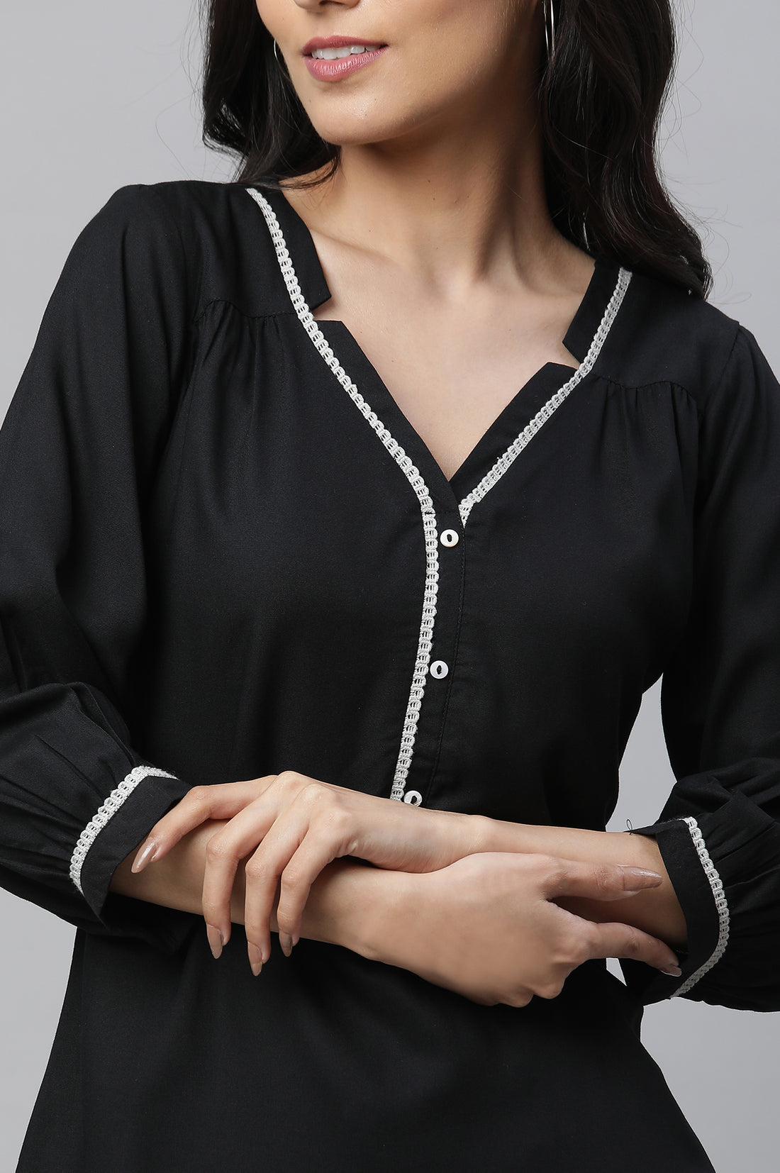 Black Solid Three-Quarter Sleeves V-Neck Rayon Kurti with Lace