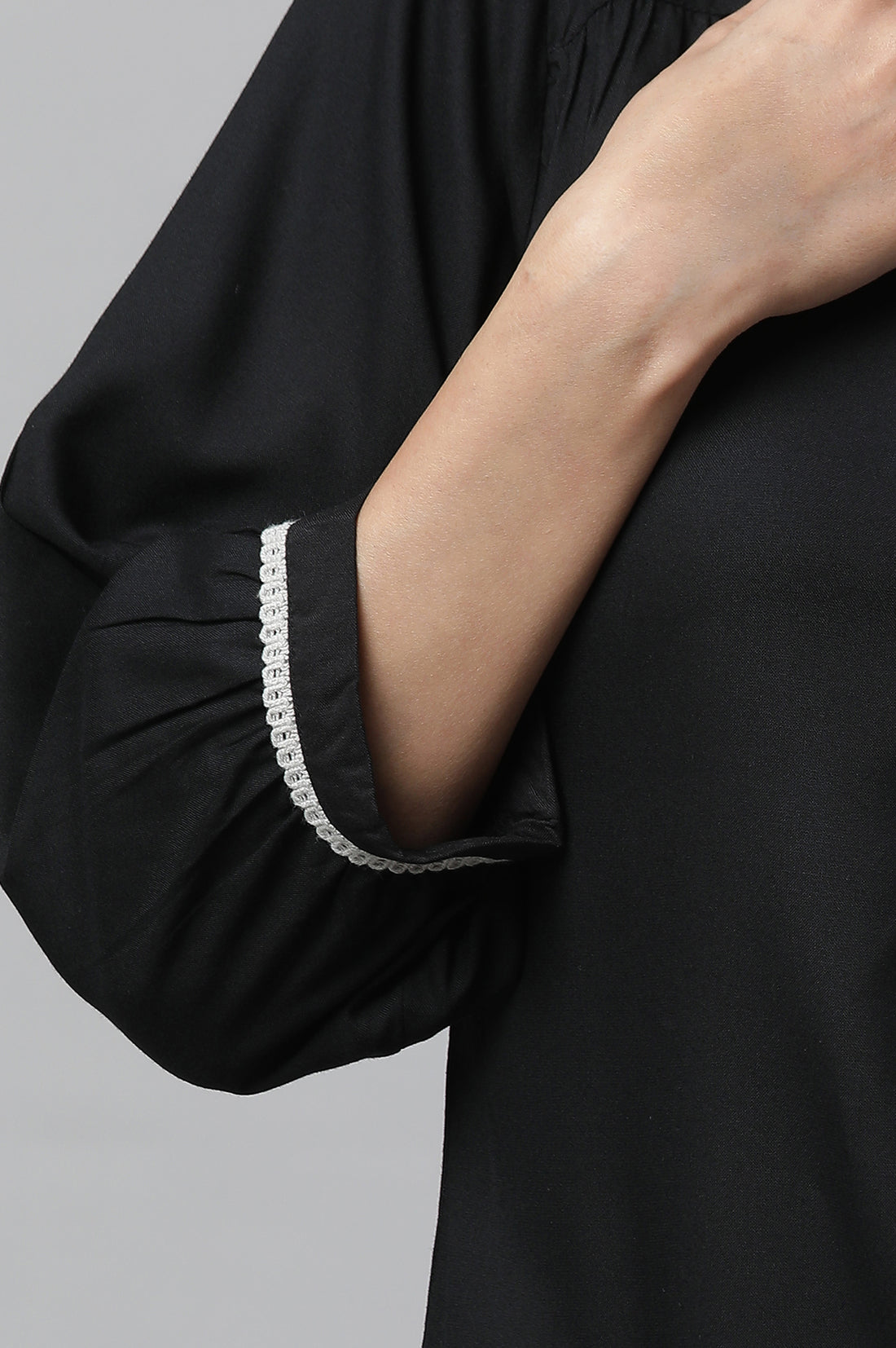 Black Solid Three-Quarter Sleeves V-Neck Rayon Kurti with Lace