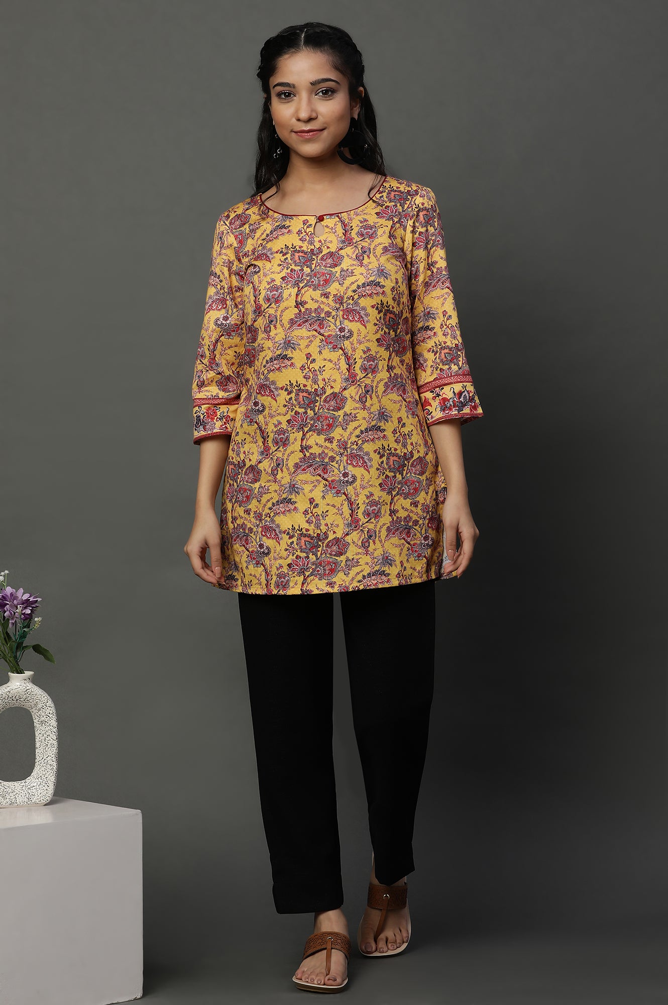 Yellow Floral Printed Short Ethnic Kurti