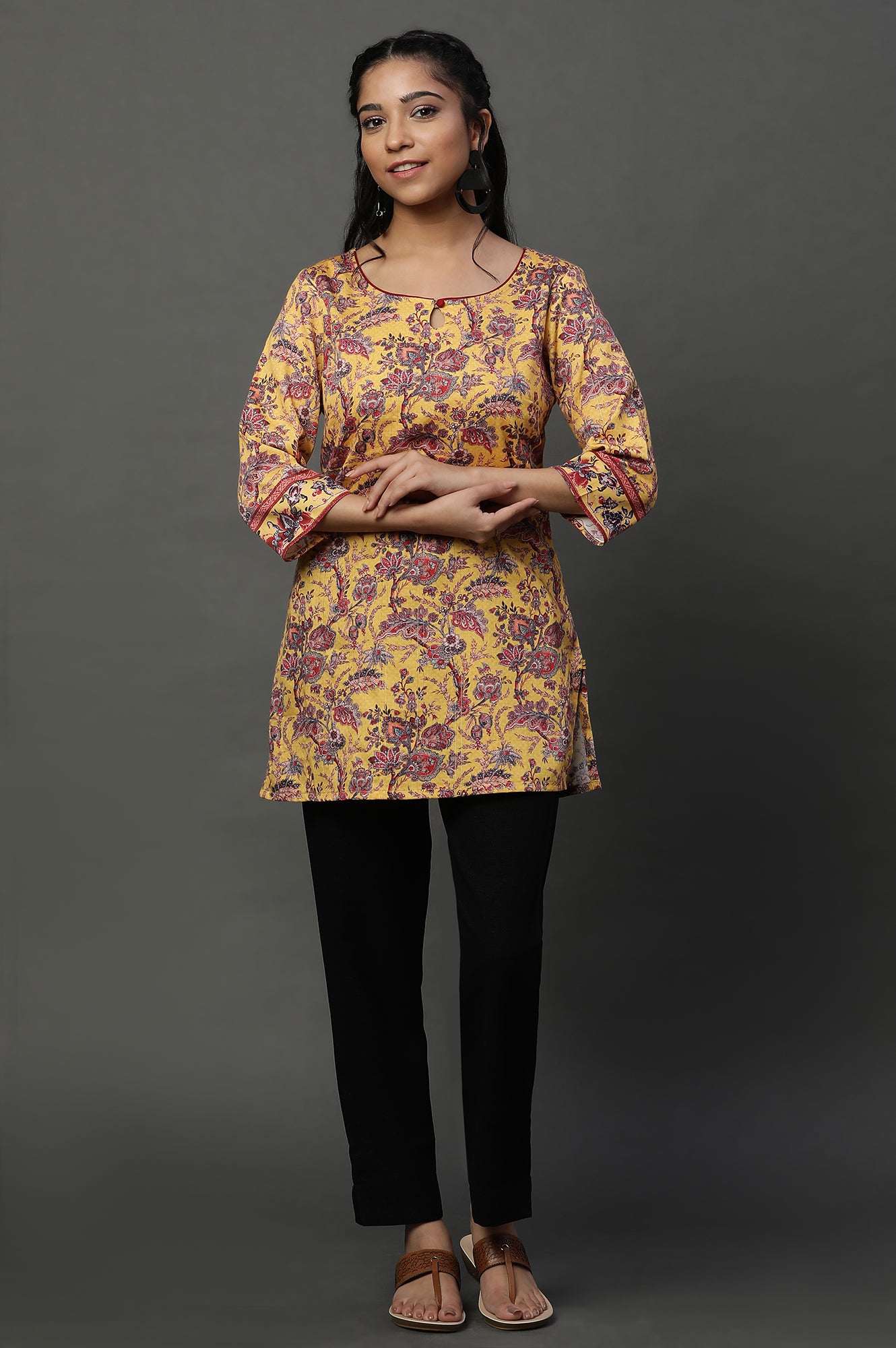 Yellow Floral Printed Short Ethnic Kurti