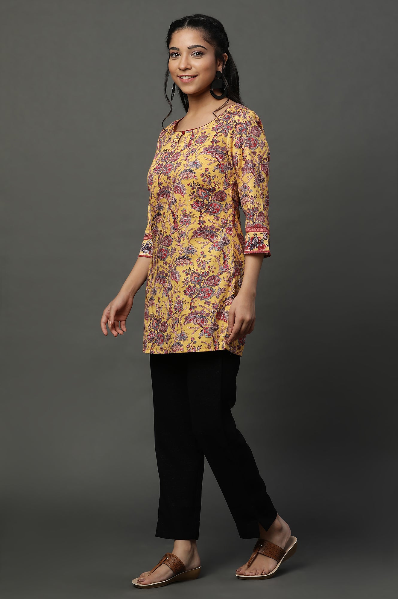 Yellow Floral Printed Short Ethnic Kurti