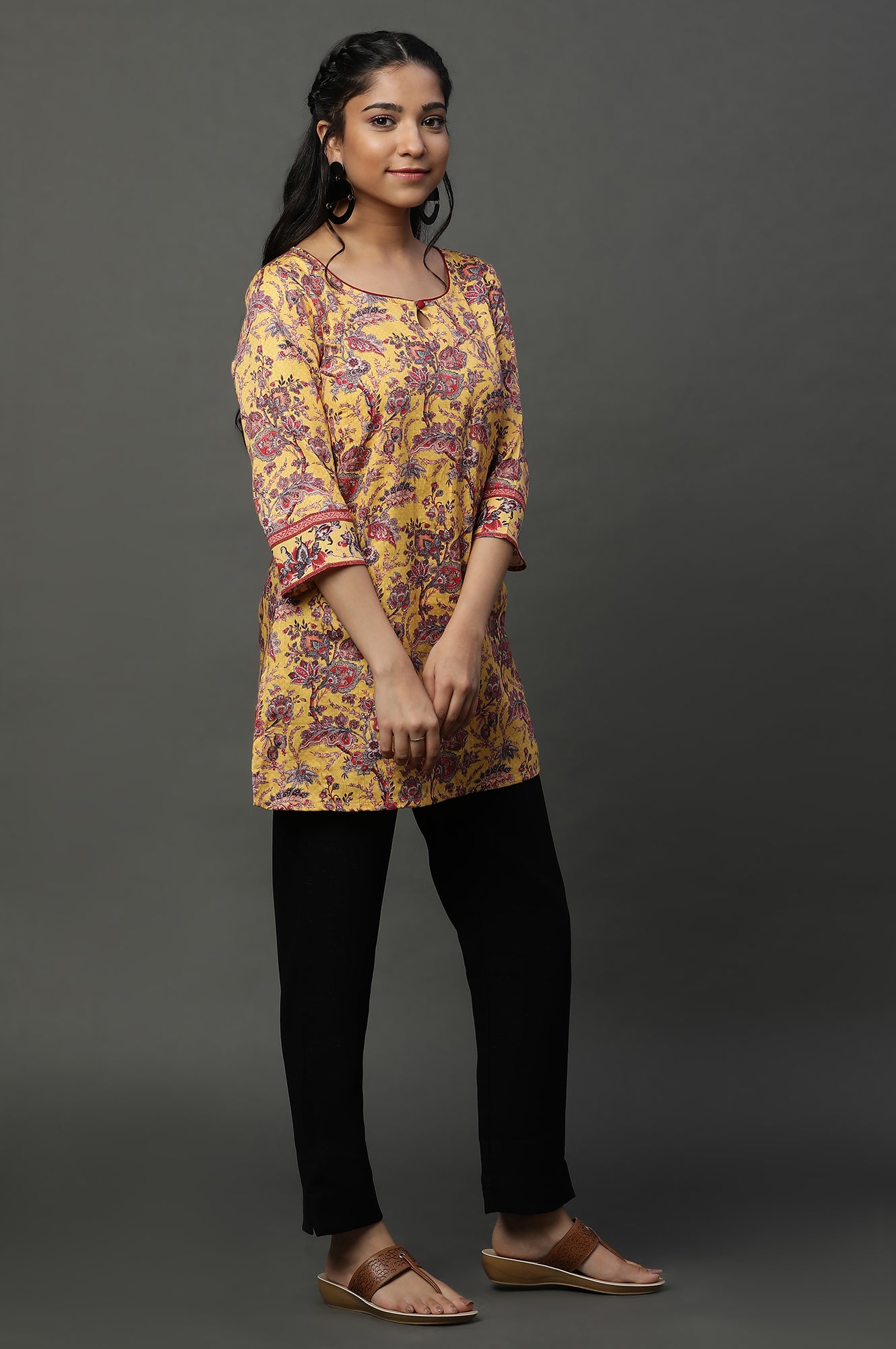 Yellow Floral Printed Short Ethnic Kurti