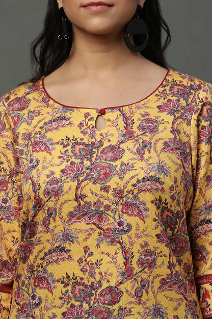 Yellow Floral Printed Short Ethnic Kurti