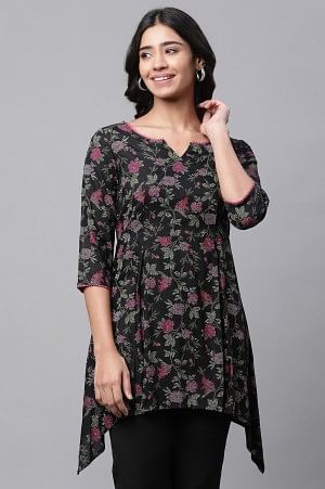 Black Floral Printed Handkerchief Kurti - XS