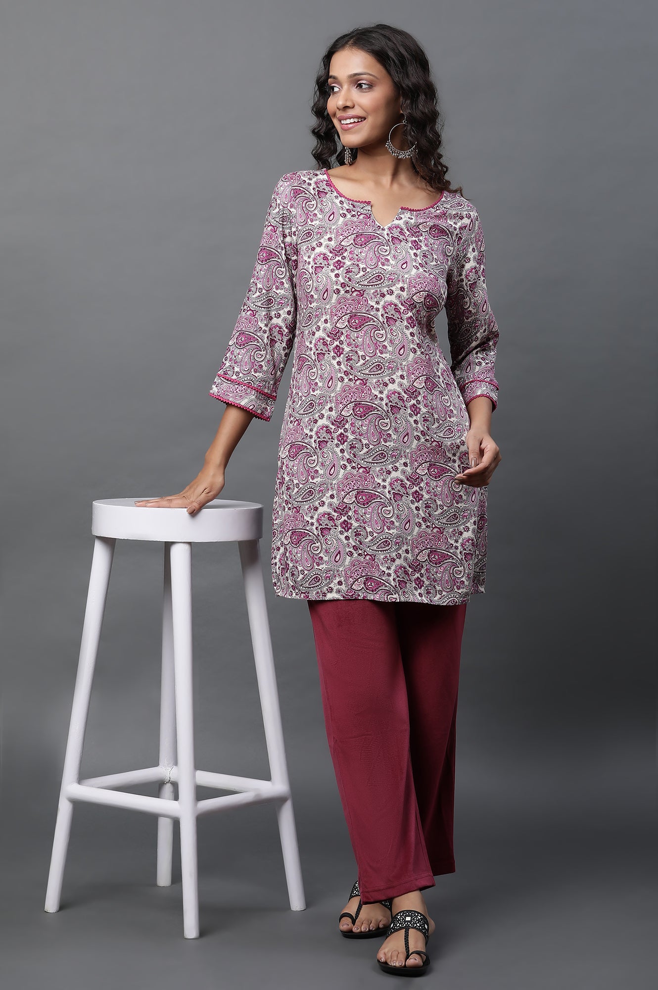 White Short Kurti with Purple Paisley Print