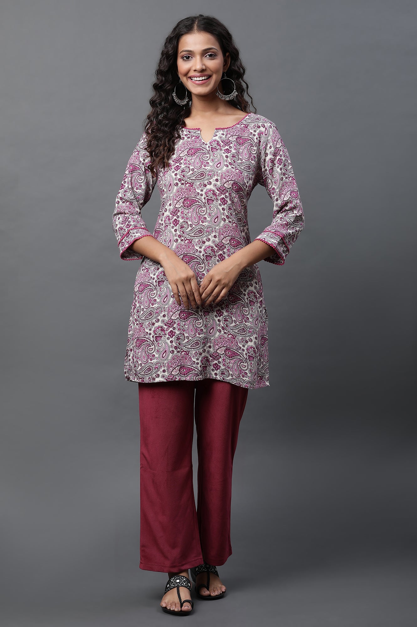 White Short Kurti with Purple Paisley Print