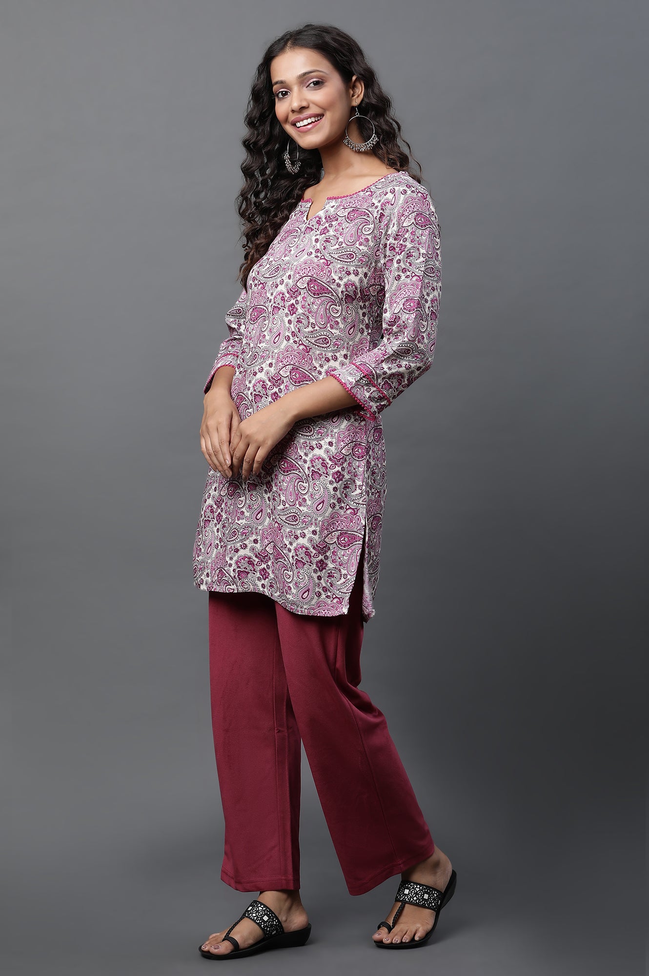 White Short Kurti with Purple Paisley Print