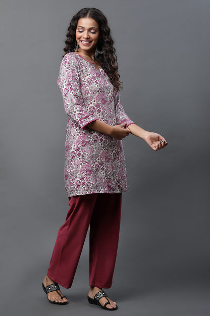 White Short Kurti with Purple Paisley Print