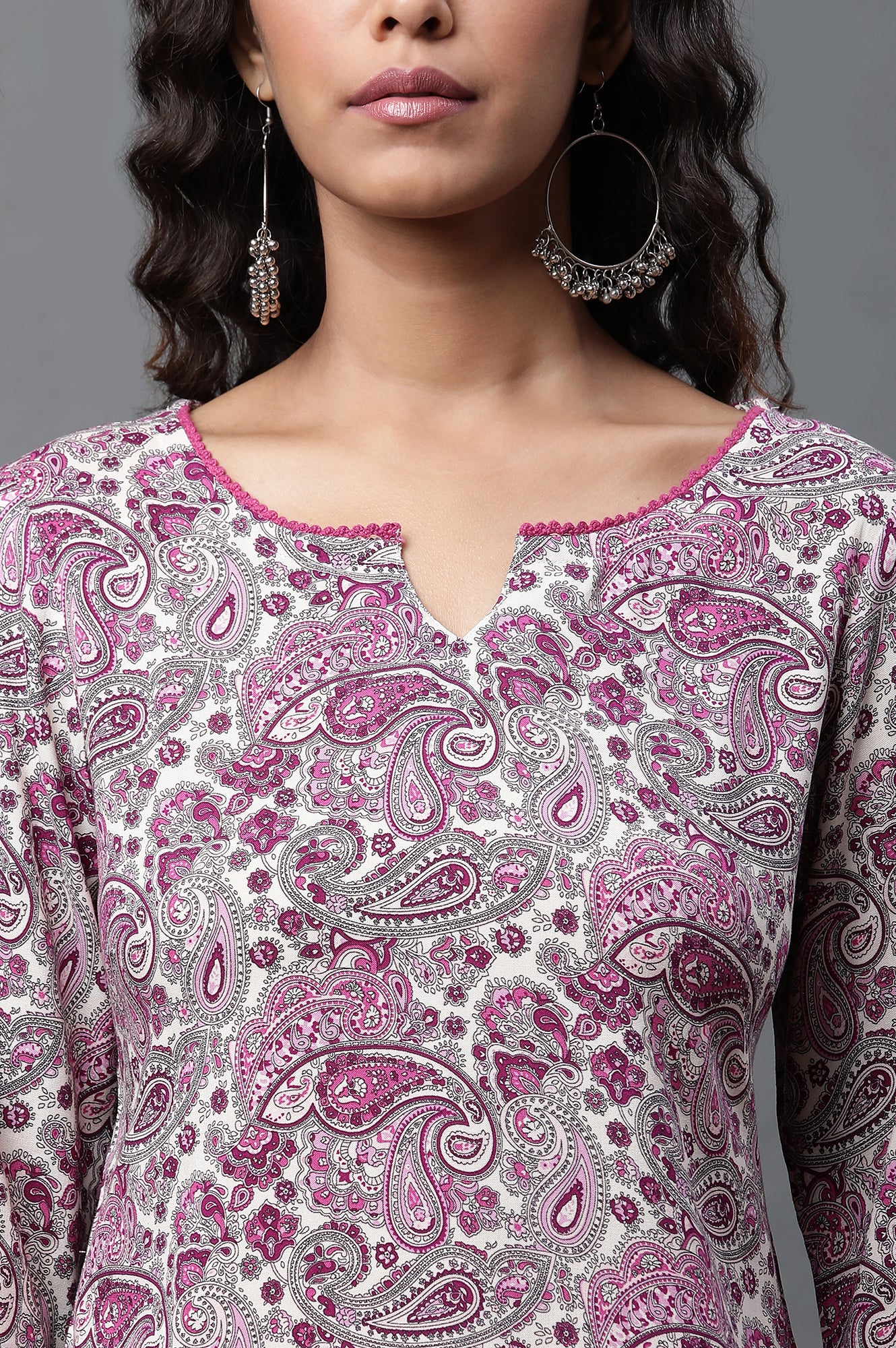 White Short Kurti with Purple Paisley Print