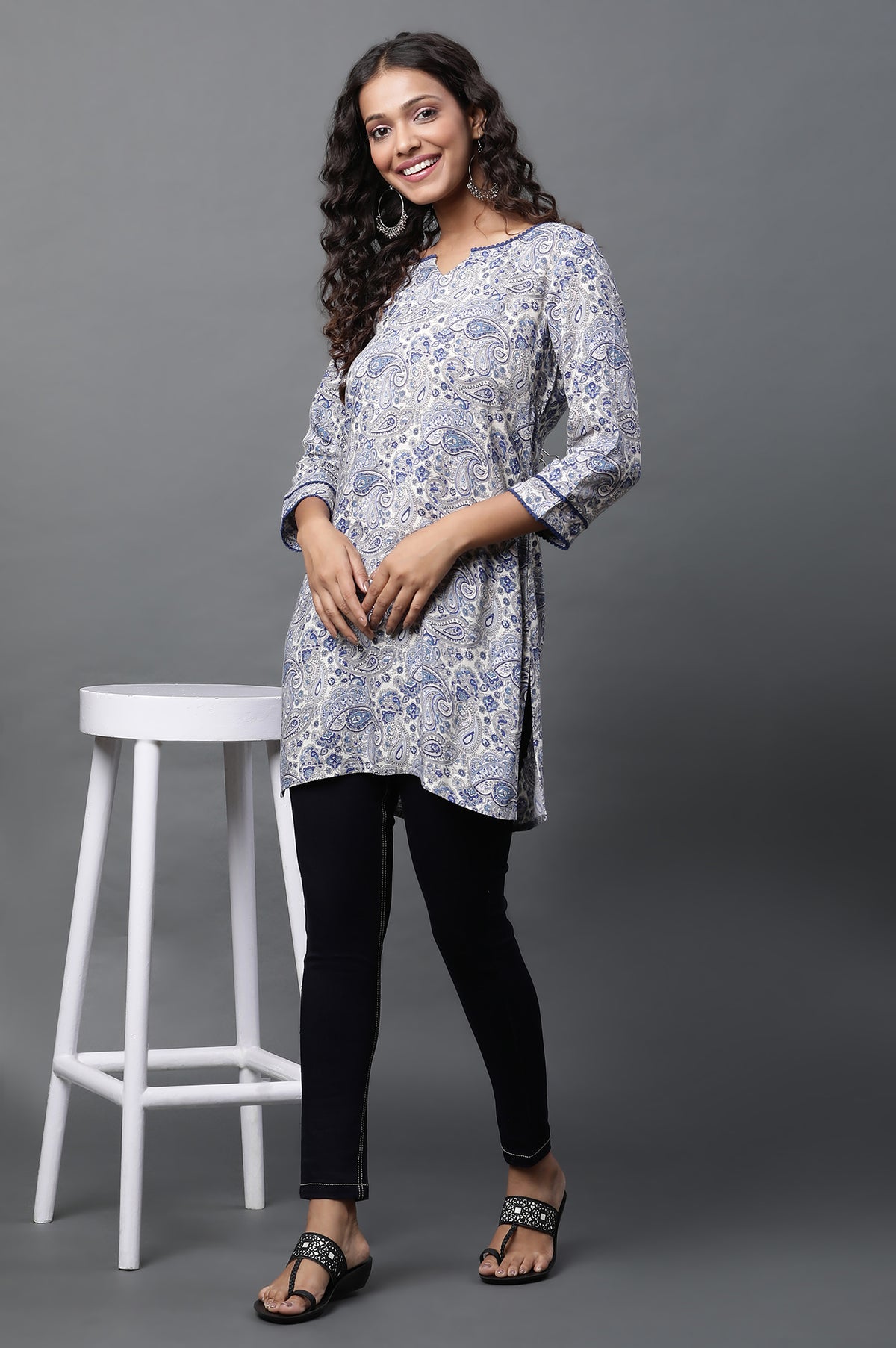 White Short Kurti with Blue Paisley Print - XS