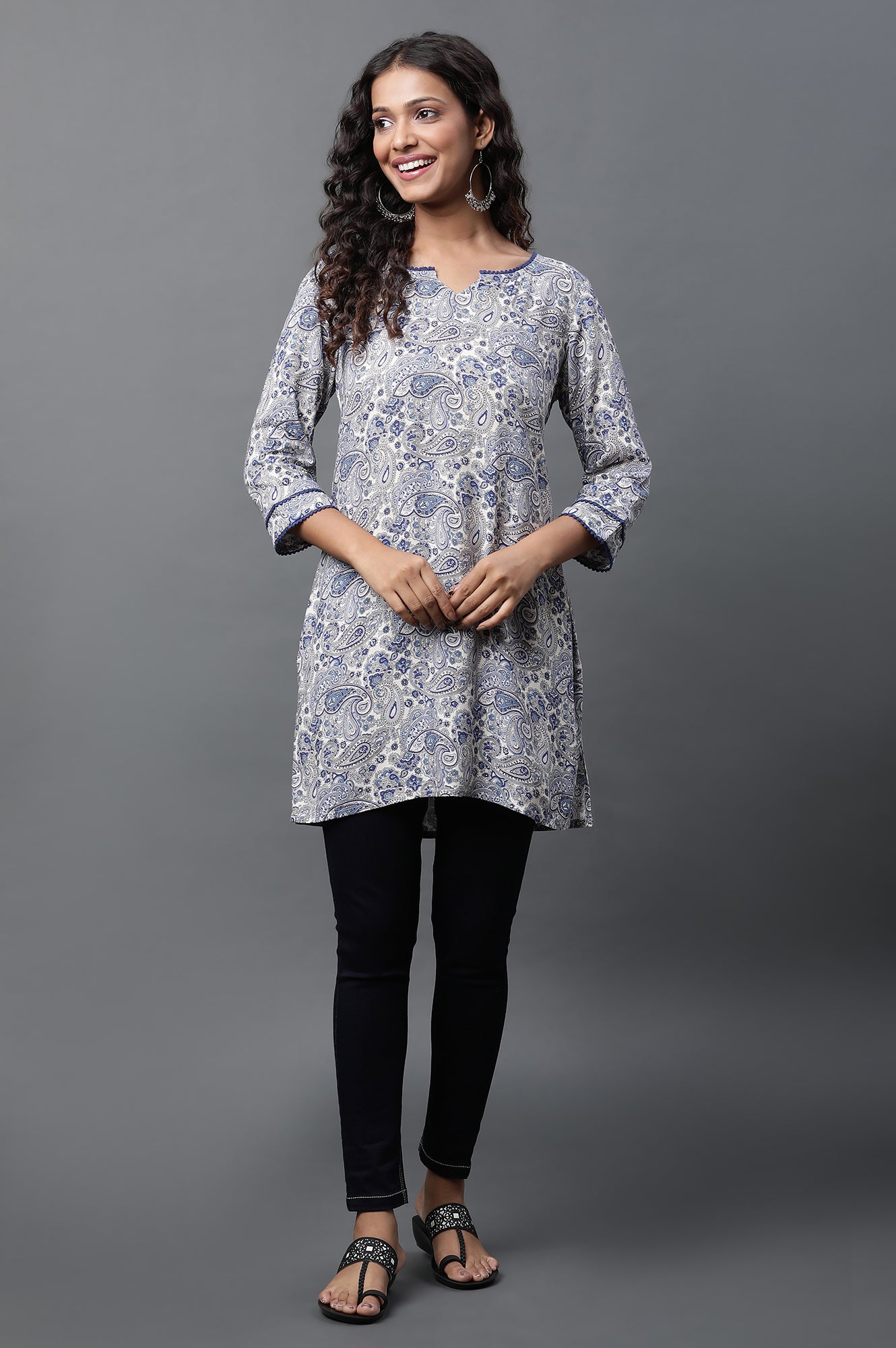 White Short Kurti with Blue Paisley Print