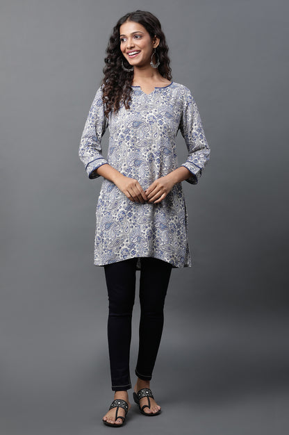 White Short Kurti with Blue Paisley Print