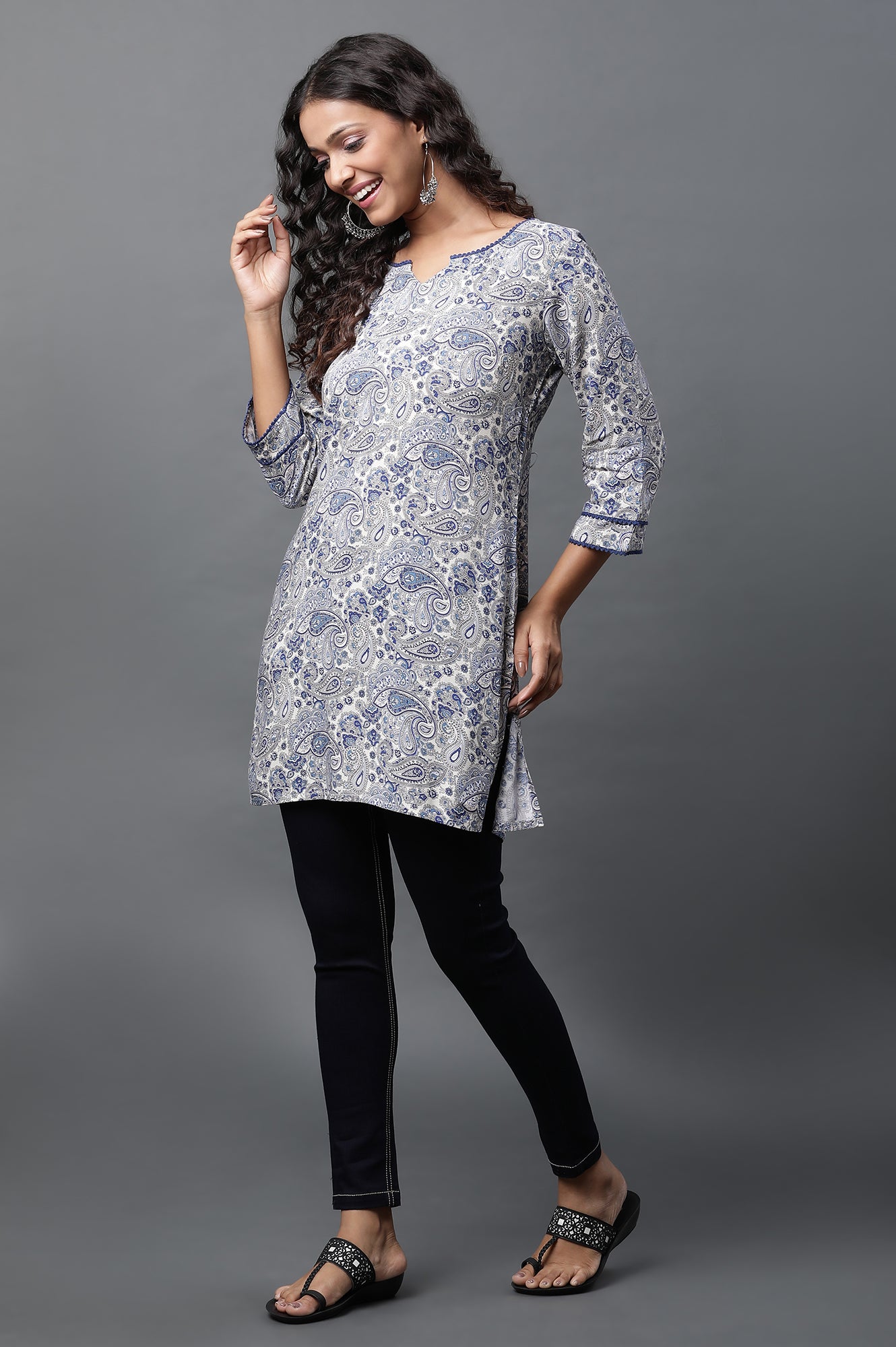 White Short Kurti with Blue Paisley Print