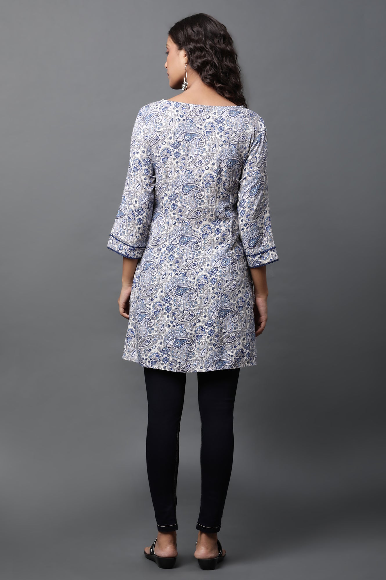 White Short Kurti with Blue Paisley Print