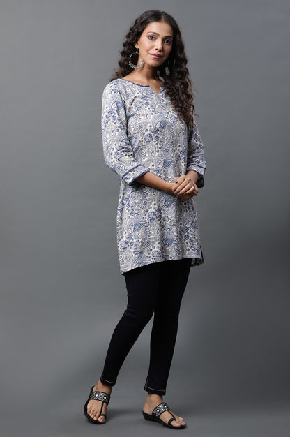 White Short Kurti with Blue Paisley Print