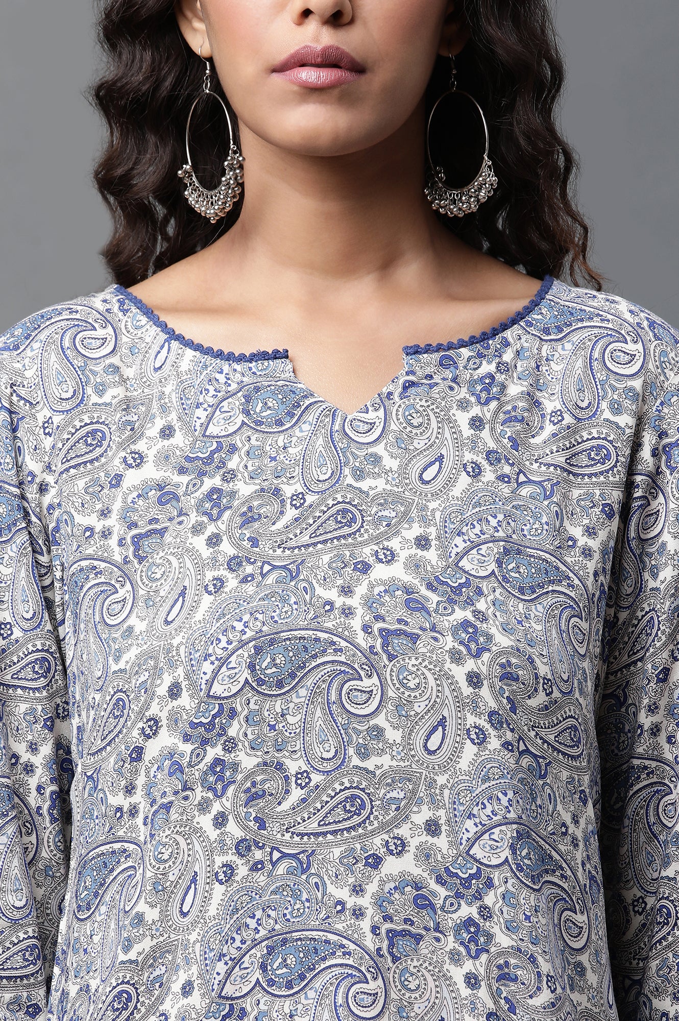 White Short Kurti with Blue Paisley Print