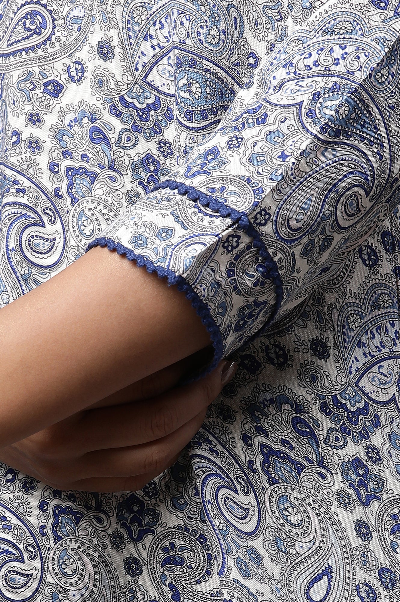 White Short Kurti with Blue Paisley Print