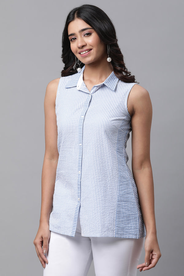 Blue Textured Cotton Striper Short Kurti