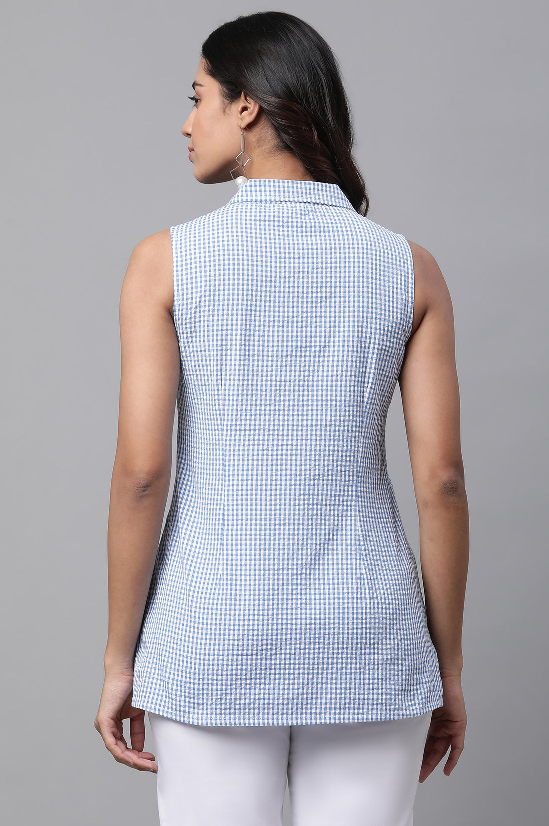 Blue Textured Cotton Striper Short Kurti