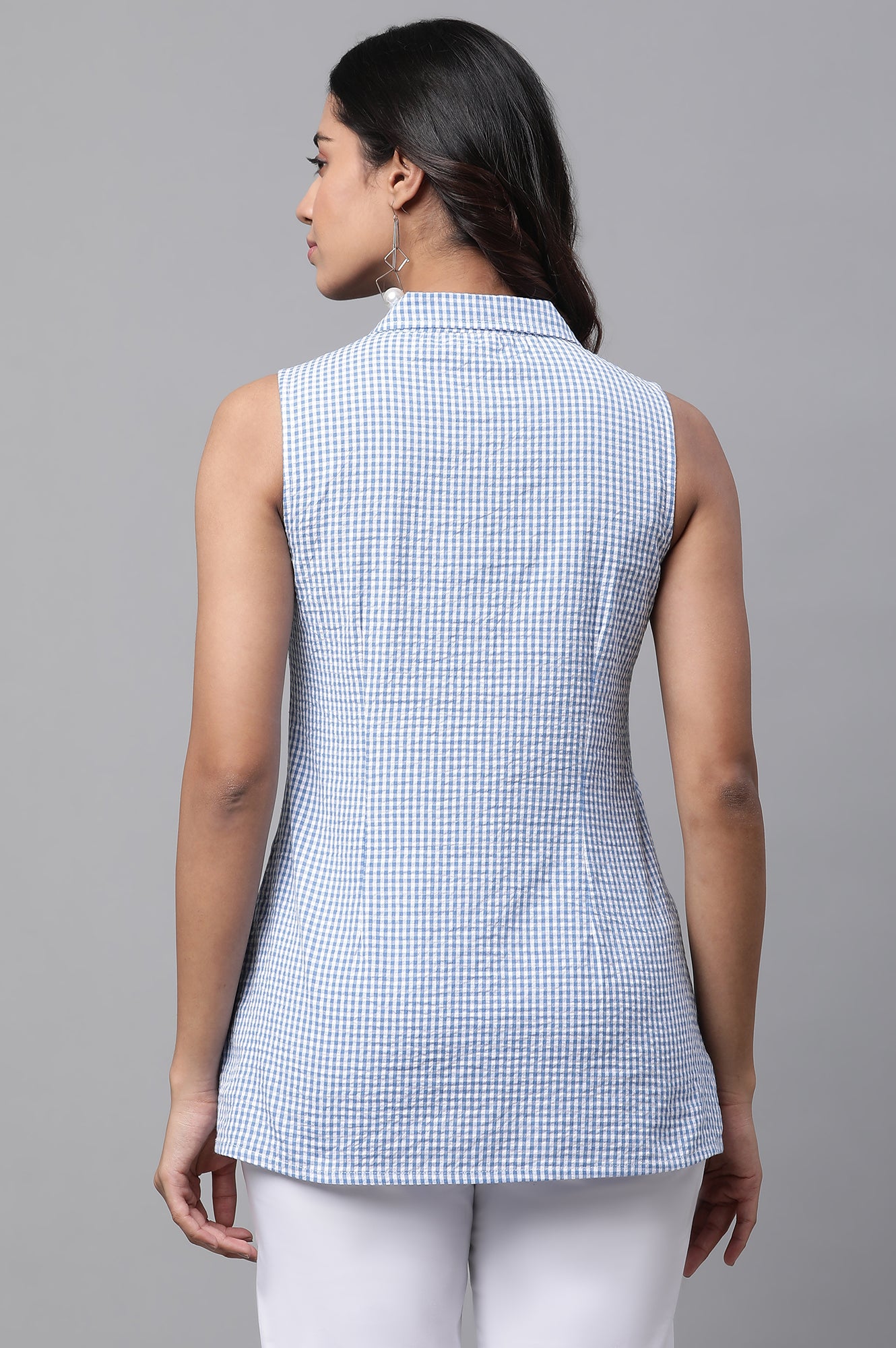 Blue Seer Sucker Striper Short Kurti