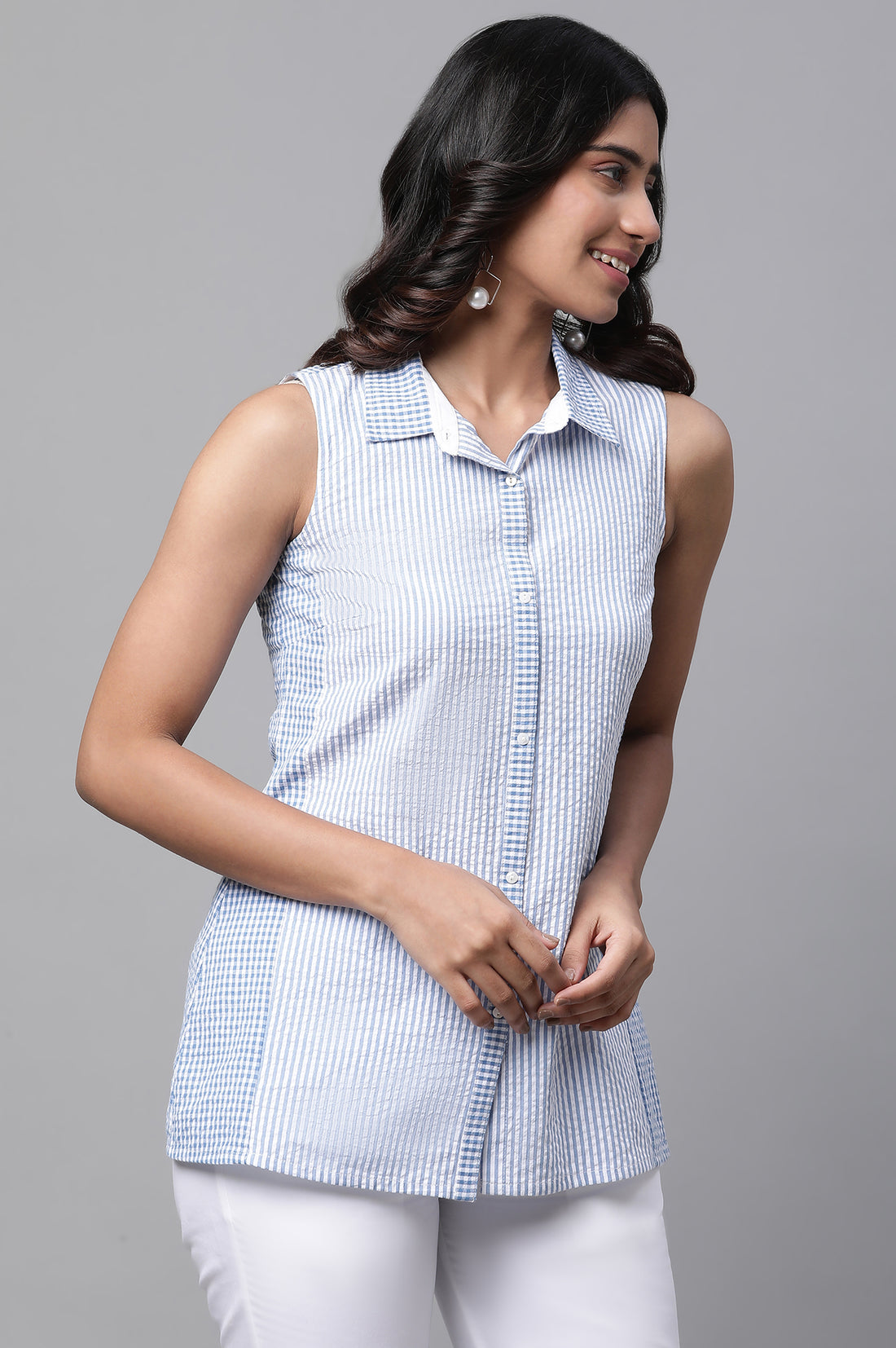 Blue Textured Cotton Striper Short Kurti