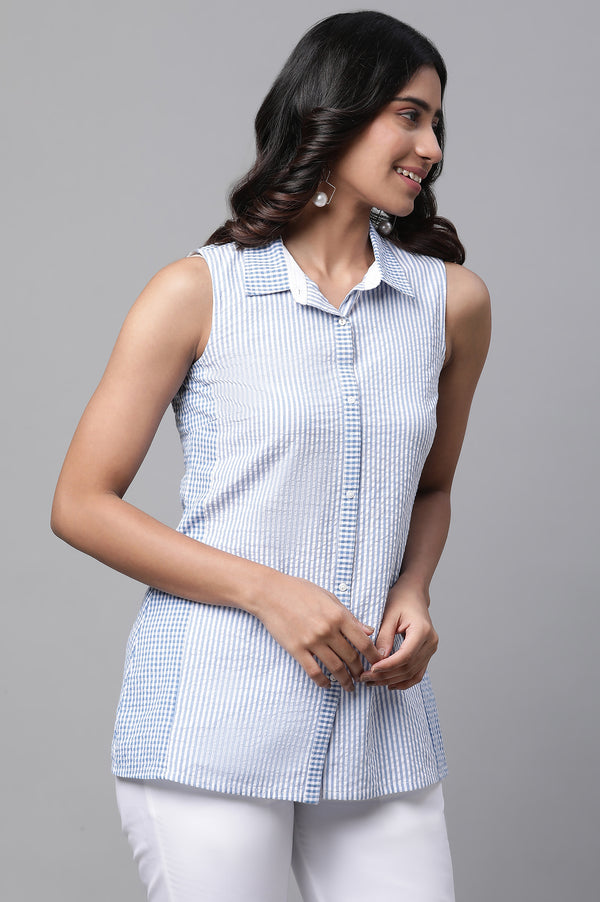 Blue Textured Cotton Striper Short Kurti