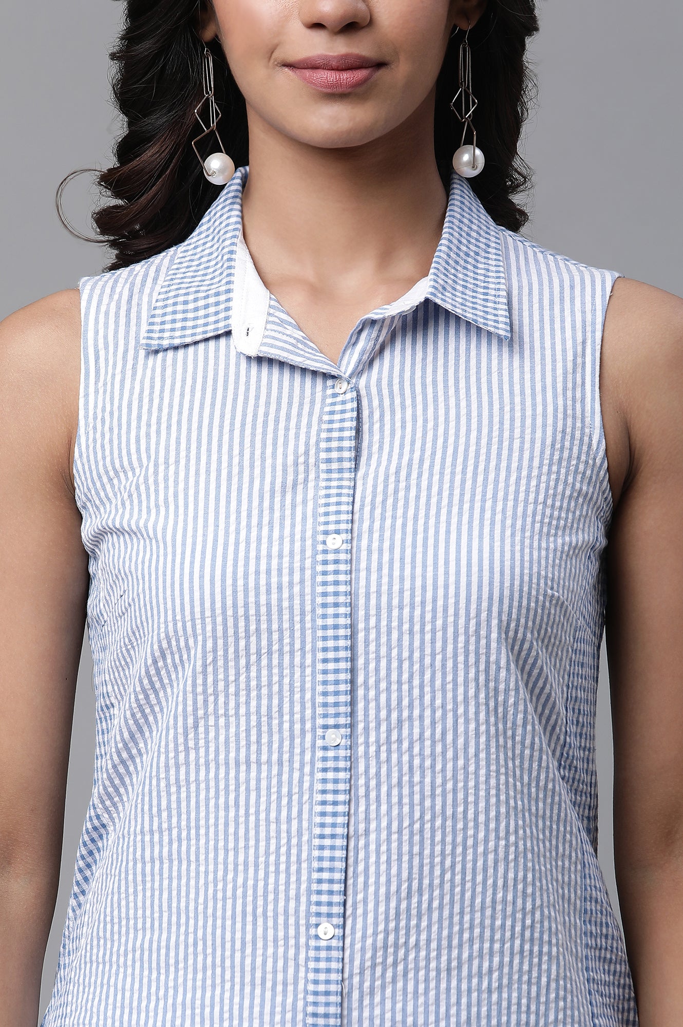 Blue Seer Sucker Striper Short Kurti