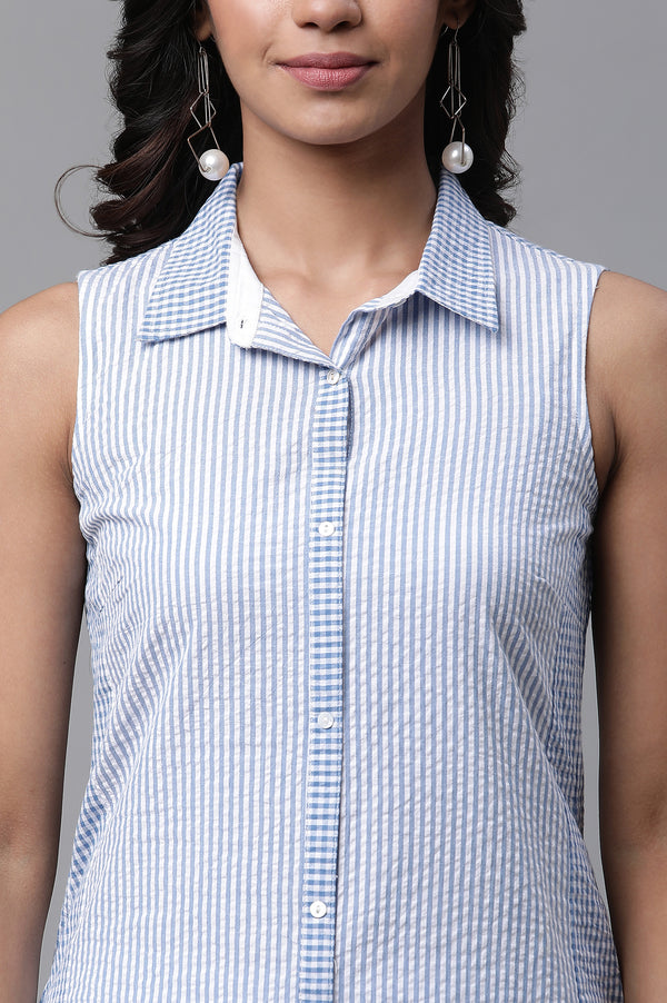 Blue Textured Cotton Striper Short Kurti