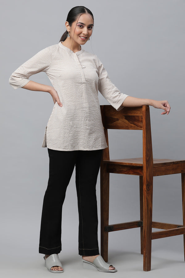 Beige Textured Cotton Checker Kurta