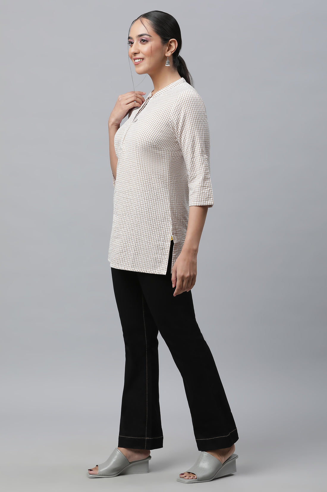 Beige Textured Cotton Checker Kurta