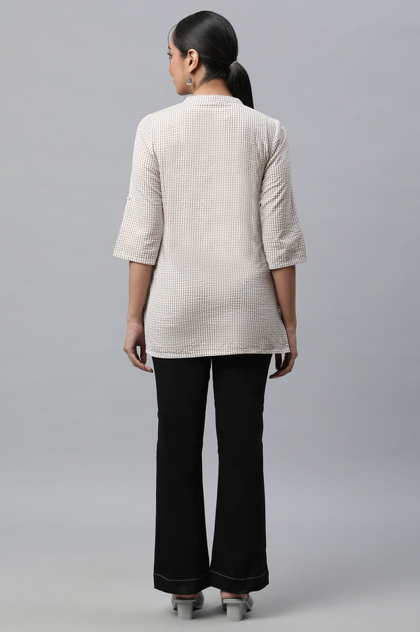 Beige Textured Cotton Checker Kurta